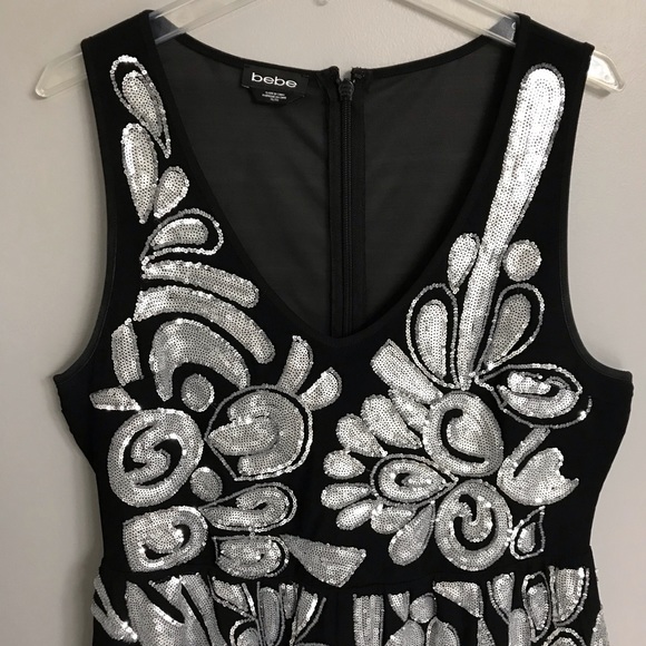 bebe Melinda Fit & Flare Dress Black Silver Sequin - Picture 5 of 8